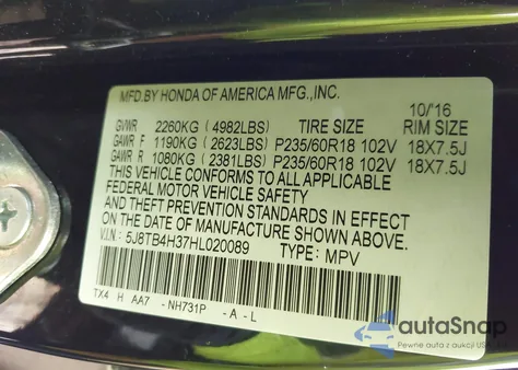 2017 Acura Rdx Acurawatch Plus Package from USA, damaged, VIN 5J8TB4H37HL020089